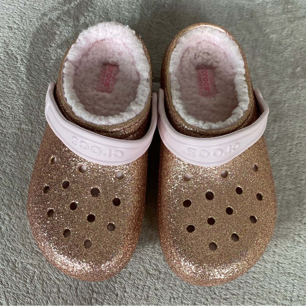 CROCS Classic Glitter Girls Kids Clogs Sandals Size 3 Pink Gold Slip On Shoe NEW - Picture 9 of 11